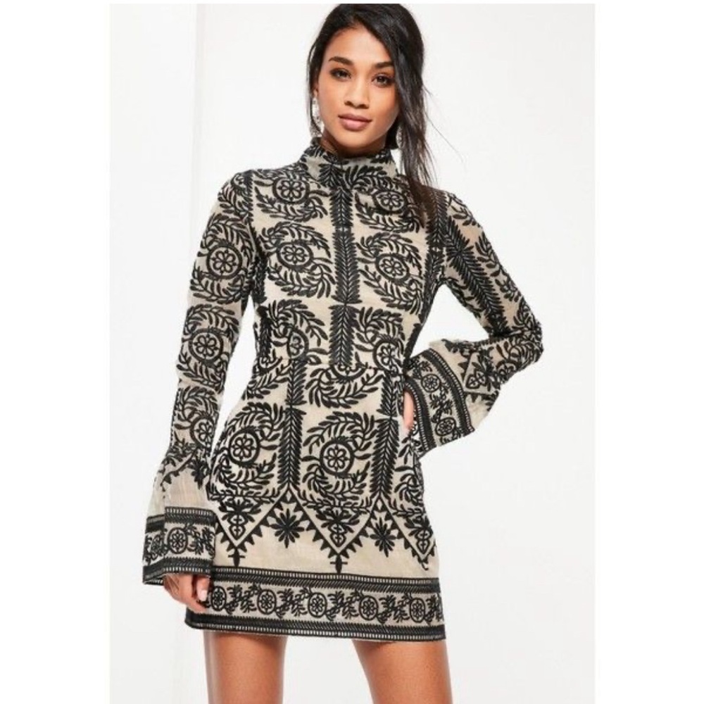 Missguided black lace embroidered high neck, flare sleeve dress size 4 NWT
